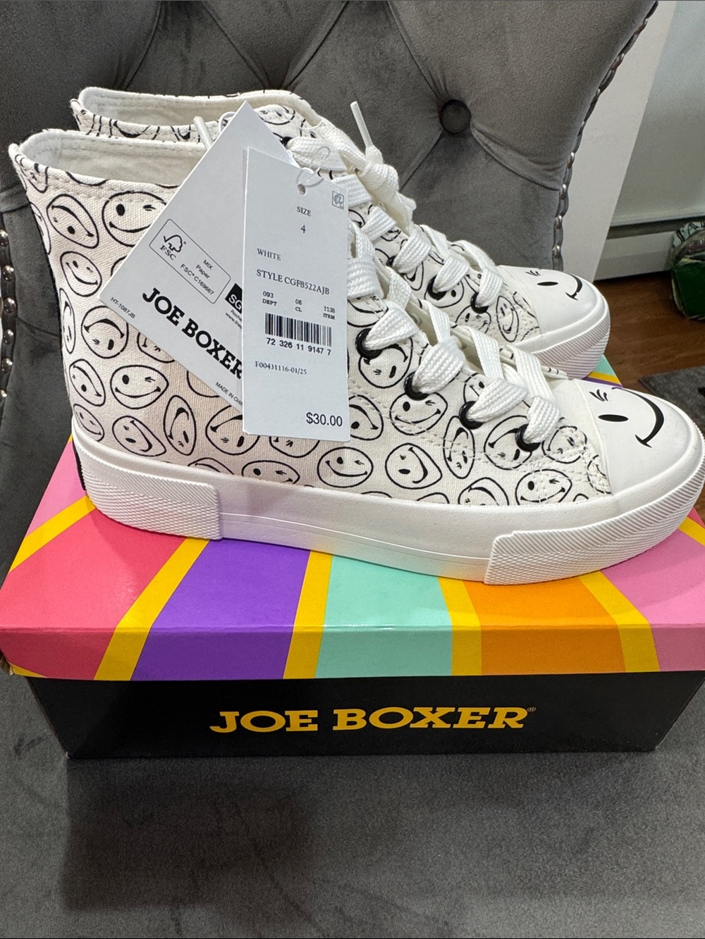 Joe Boxer White High-Top Smiley Print Kids Sneakers